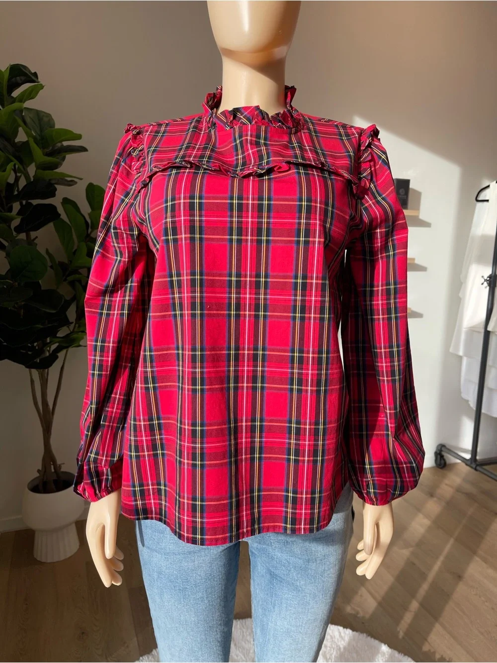 J. Crew Red Plaid Ruffle-Neck Long Sleeve Blouse